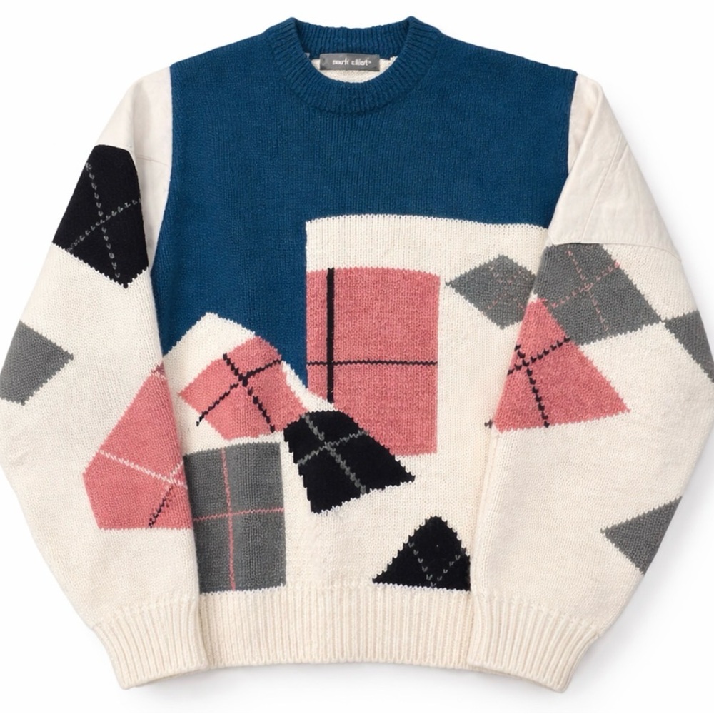 Vintage 90s Geometric Patterned Sweater with  real leather shoulder panels